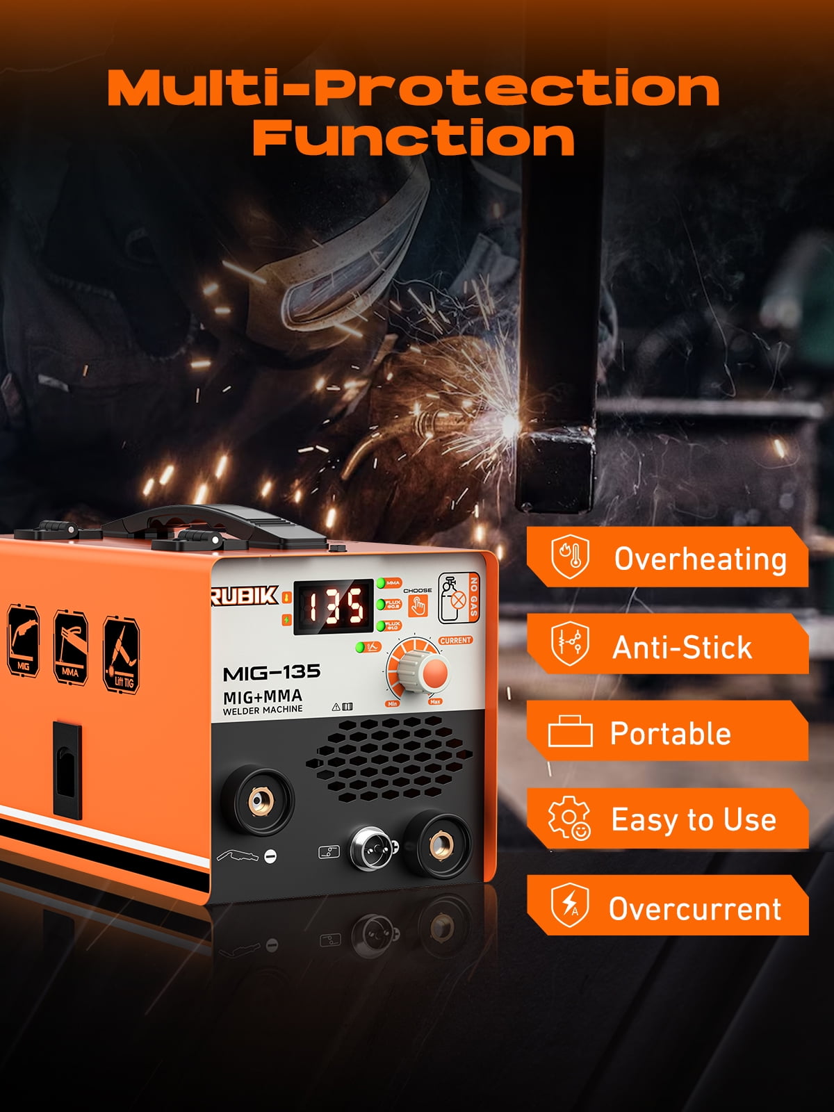 Rubik 135A Welder 3-in-1 Welding Machine Supports MIG 110V Welding Machine with IGBT Inverter, LCD Digital Display MIG/Lift TIG/Stick Capabilities