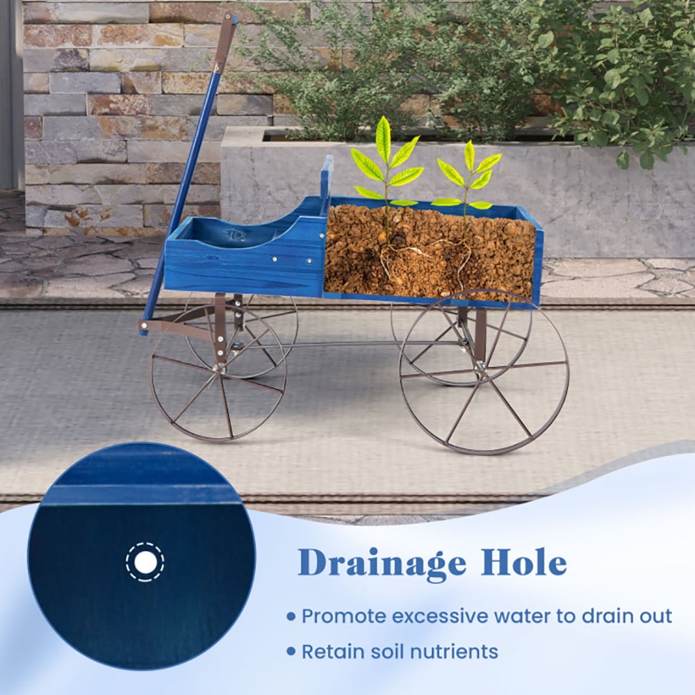 Resenkos Raised Planter Boxes, Large Space Elevated Flower Beds,Wooden Wagon Plant Bed with Metal Wheels for Garden Yard Patio-Blue