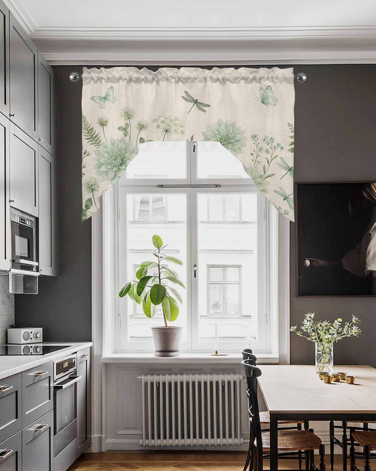 Green Floral Swag Valances for Windows 56 x 36 Rod Pocket Light Filtering Window Topper Summer Spring Green Dragonfly Butterfly Linen Texture for Kitchen Bathroom Bedroom Living Room