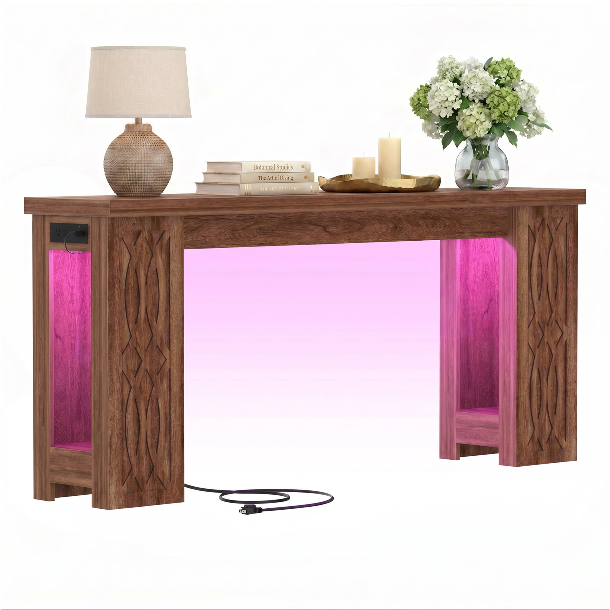 Homieasy 63'' Farmhouse Console Table with Charging Station and LED Lights for Hallway, Entryway, Living Room, Cracked Oak