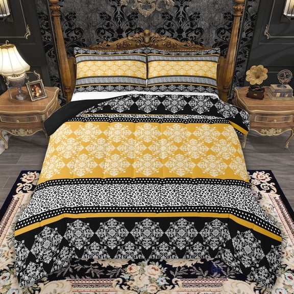 Feelyou Hippie Boho Damask Queen Comforter Set, Retro Bohemian Bedding Comforter Set, 3pcs