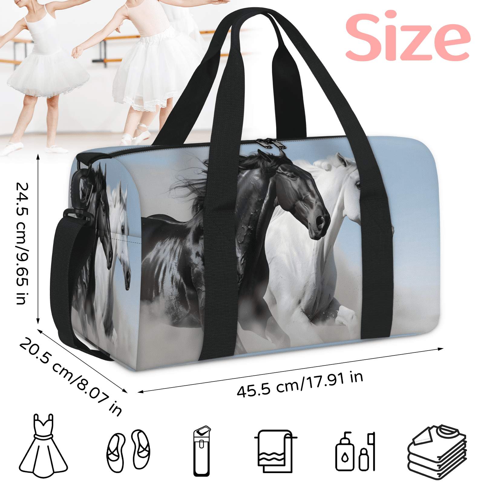 Herdesigns Horse Travel Duffle Bag Sports Yoga Weekender Overnight Carry on Workout Bags Lightweight Waterproof Gym Tote Bag for Women