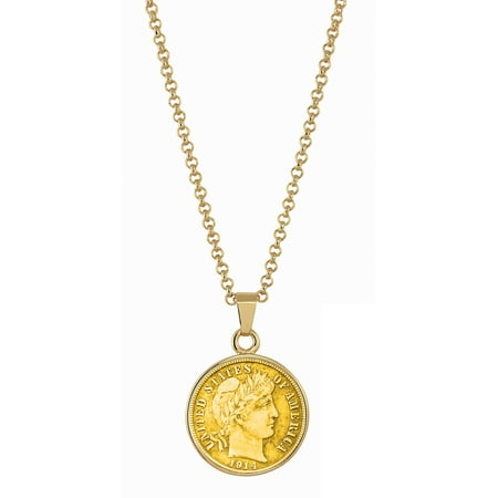 Metal Coin Pendant - Gold-Layered Silver Barber Dime Goldtone Coin Pendant with 18
