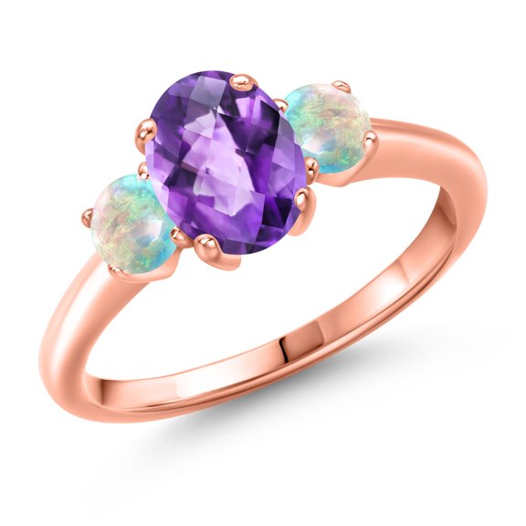 Gem Stone King 1.70 Ct Oval Checkerboard Purple Amethyst White Simulated Opal 18K Rose Gold Plated Silver Ring (Size 6)