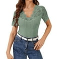thumbnail image 2 of Bovemsi Women's Spring Solid Color Lace Hollow Splicing V Neck Lace Collar Slimming Short Sleeved T Shirt, Green Women's Summer Short Sleeve T-Shirts, M, 2 of 9