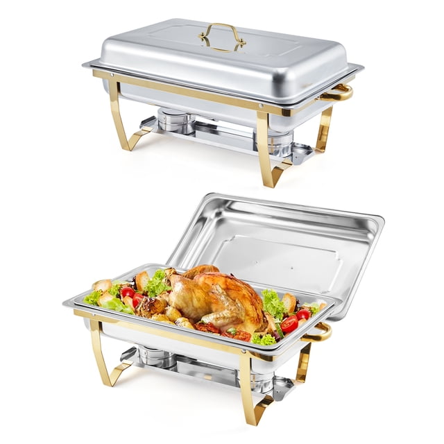 Ensemble Professionnel de Plats Anti-Frottement pour Buffet - Réchaud à Aliments en Acier Inoxydable 8 Qt avec Couvercles et Support Pliable - Idéal pour Traiteurs, Fêtes, Banquets, Mariages - Lot de 2, Système par Défaut_1
