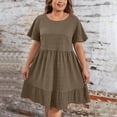 thumbnail image 2 of Tianiyouqing Women Flowy Dresses Plus Size Oversized Cotton Linen Cute Midi Dresses Short Sleeve Crew Neck Business Pleated Dresses Brown 5XL, 2 of 7