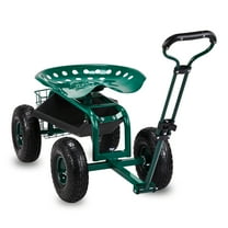 UBesGoo 35'' Garden Cart, Outdoor Rolling Garden Scooter W/Adjustable 360 Degree Swivel Seat, Extendable Handle, Tool Tray & Storage Basket, Gardening Stool for Planting（Green)