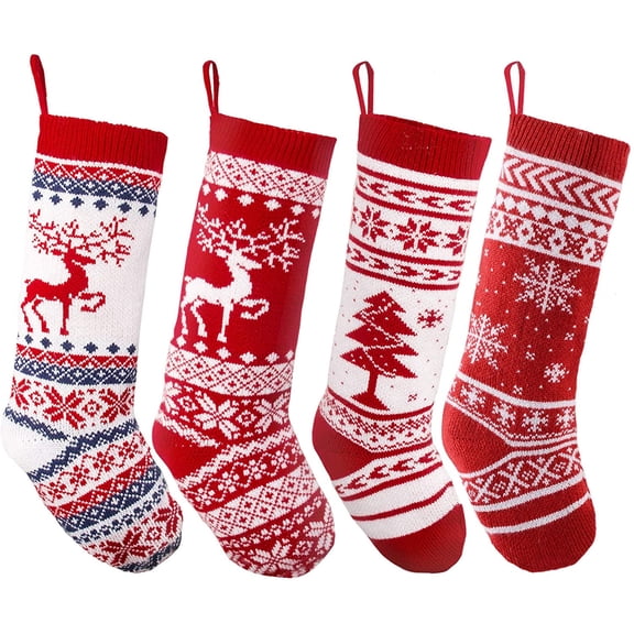 BOPORO 4 Pack 18” Large Knit Christmas Stockings Reindeer Christmas Tree Snow Flakes Knitted Stocking Decorations for Holiday Tree Decor