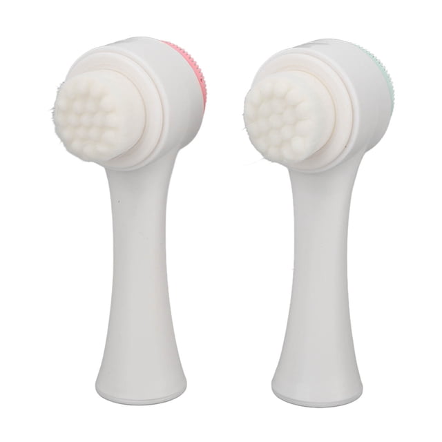 cepillo de limpieza facial buyweekmx cepillo de lavado de cara 2 piezas, par con mango blanco ergonómico y cabezal doble: un lado cerdas de fibra blancas para limpieza profunda y otro silicona texturizada en rosa y verde; base de pie incluida, adecuado también para masaje facial suave.