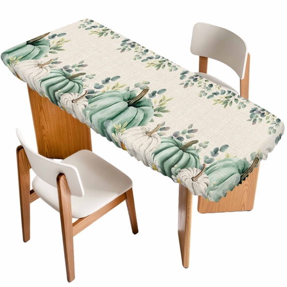 Sage Green Pumpkins Table Cloths for 8 Foot Rectangle Tables, Eucalyptus Leaves Watercolor Botanical Patio Waterproof Elastic Fitted Tablecloths, Washable Rectangular Table Cover for Camping