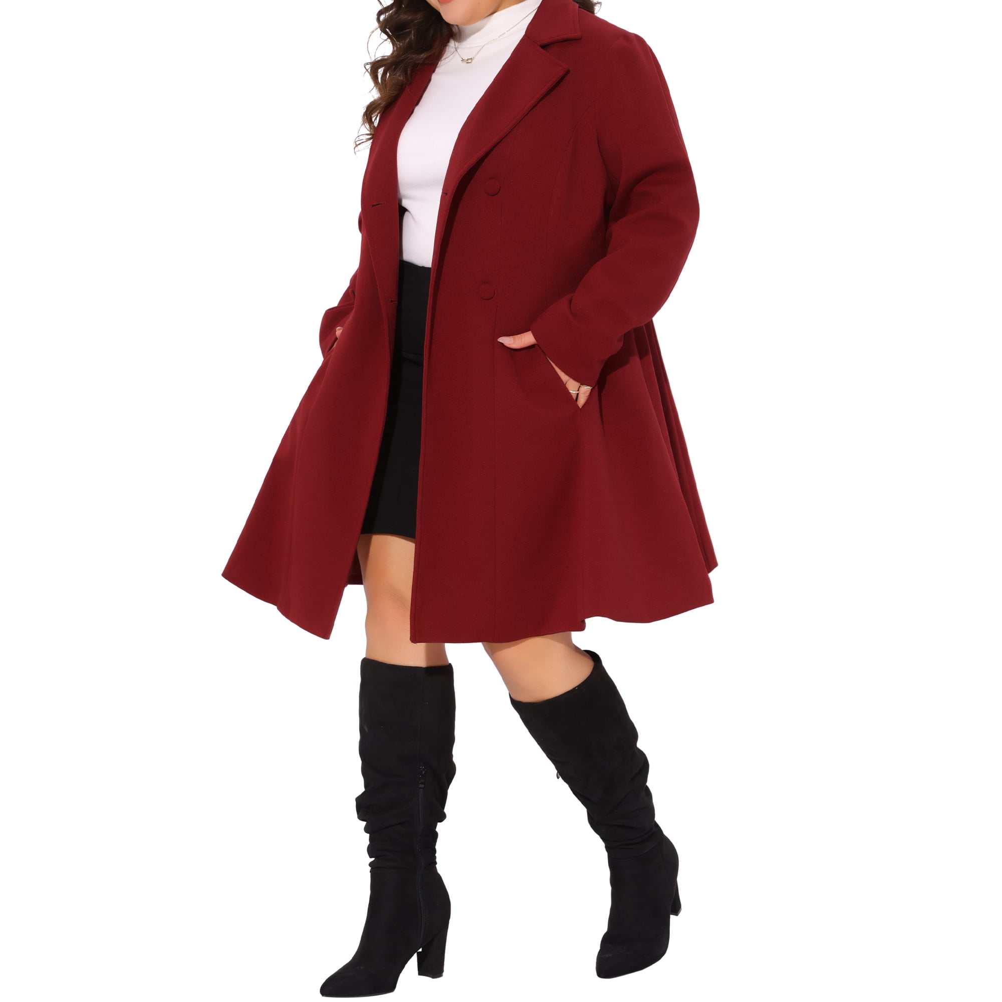 DARING DIVA Women's Plus Size Notch Lapel Double Breasted A Line Peacoat 4X Burgundy
