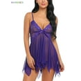 thumbnail image 2 of BadPiggies Women Lingerie Lace Babydoll Sleepwear Boudoir Outfits V Neck Strap Chemise Sexy Langeray G-string Sleepdress (M, Purple), 2 of 5