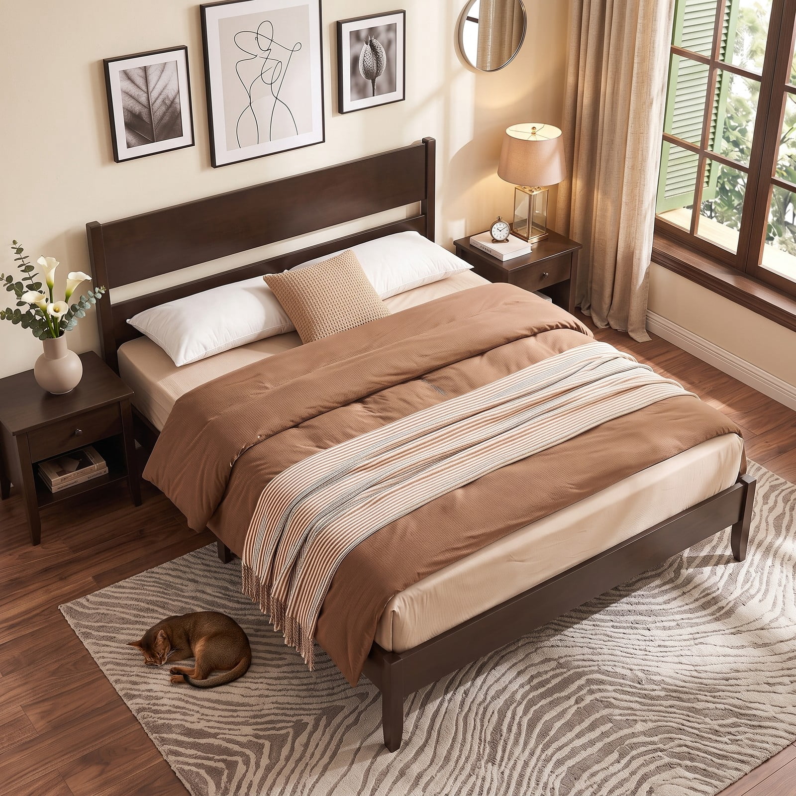 Furnibear Queen Bed Frame Wood Bed Frame with Open Slat Headboard, Queen Platform Bed Frame with Solid Wood Legs and 12 Slat Support, Dark Walnut