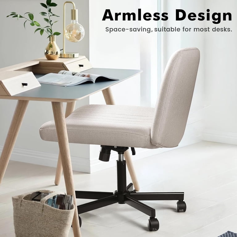 HForesty Criss Cross Legged Office Chair With Wheels - Wide Seat Armless Desk Chair, Beige
