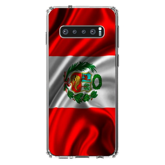DistinctInk Clear Shockproof Hybrid Case for Samsung Galaxy S10 (6.1" Screen) - TPU Bumper, Acrylic Back, Tempered Glass Screen Protector - Peru Waving Flag - Peru