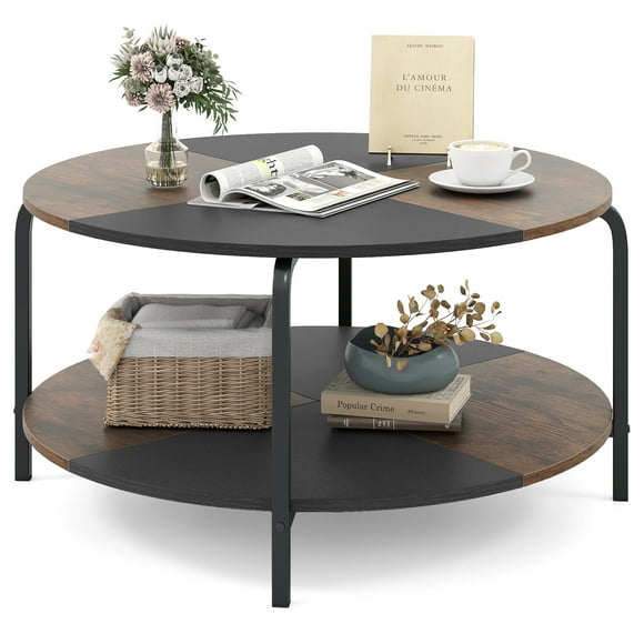 Gymax 2-Tier Round Coffee Table w/Storage Shelf Metal Frame for Living Room Apartment Rustic Brown