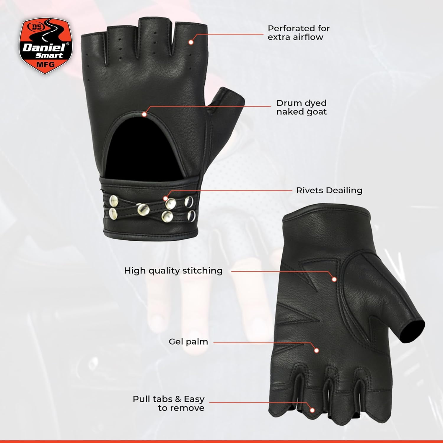Daniel Smart Women’s Leather Gloves-Fingerless Motorcycle Gloves with Gel Palm and Wrist Strap