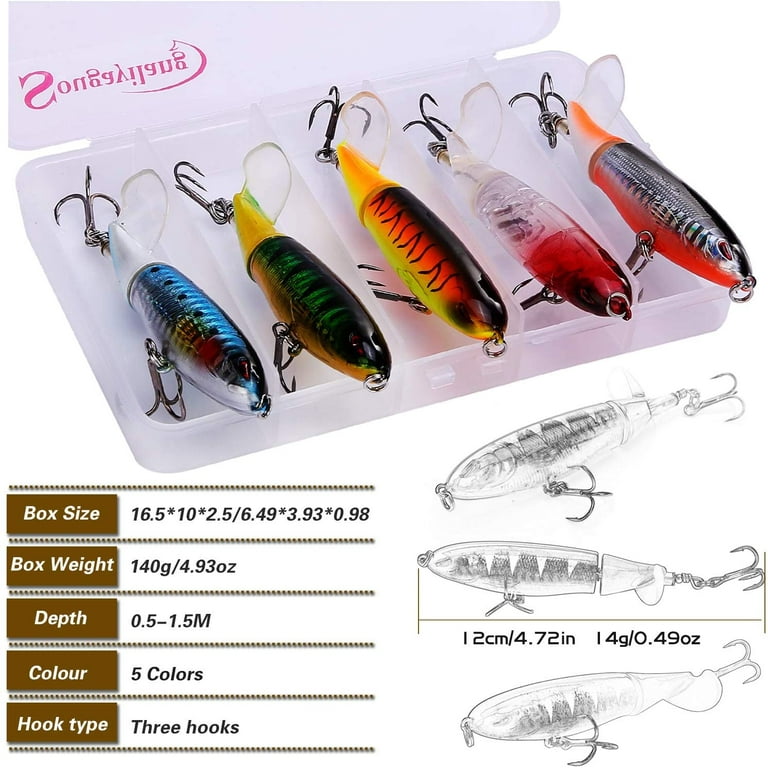 Sougayilang Fishing Lure with Floating Rotating Tail Topwater Bait  Freshwater Saltwater Lures for Carp Bass Pike (5Pcs with Box)