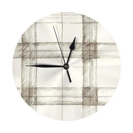 No Frame No Glass Cover Round Wall Clock 9.84in With Tripod For Office Kitchen Living Room Guest Room Dining Room Bedroom Ivory Checked Hand-Drawn Sketch_4