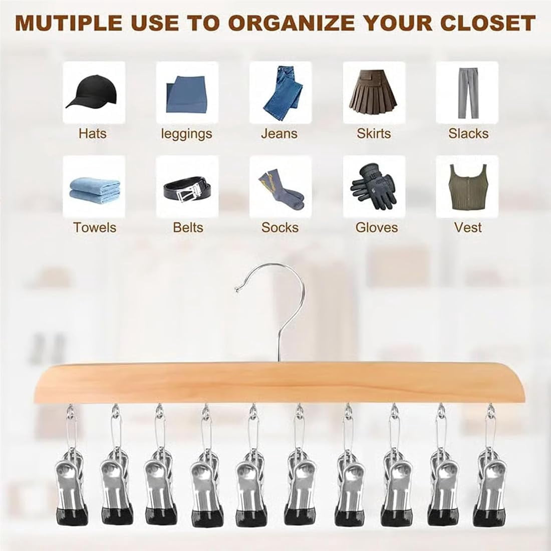 Closet Organizer with 10 Clips - Space Saving Hanging Closet Organizer, Legging Organizer for Closet Hanging, Pants Scarf Hangers with Clips