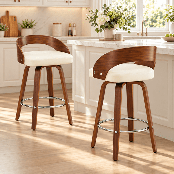 LEGAHOME Swivel Bar Stools Set of 2, 25” Upholstered Counter Height Stools with Low Back and Round Footrest, Mid-Century Barstools with Wooden Legs for Kitchen, Bar, Walnut Beige