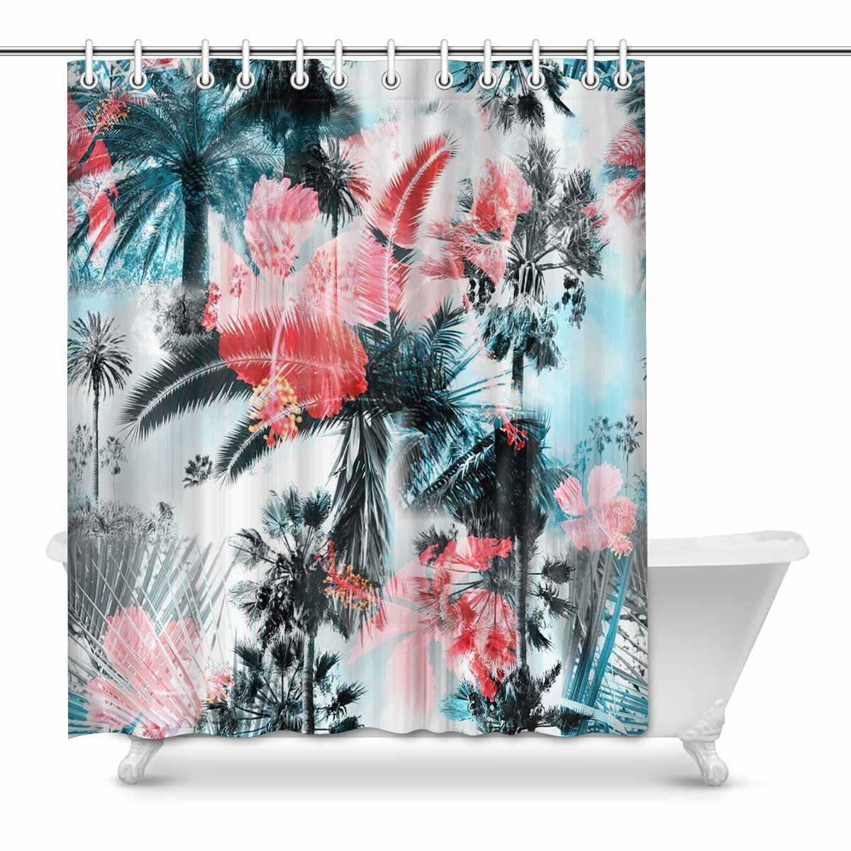 Pop Blue Palm Trees Colorful Background With Tropical Flowers Pop Blue Palm Trees Colorful Background