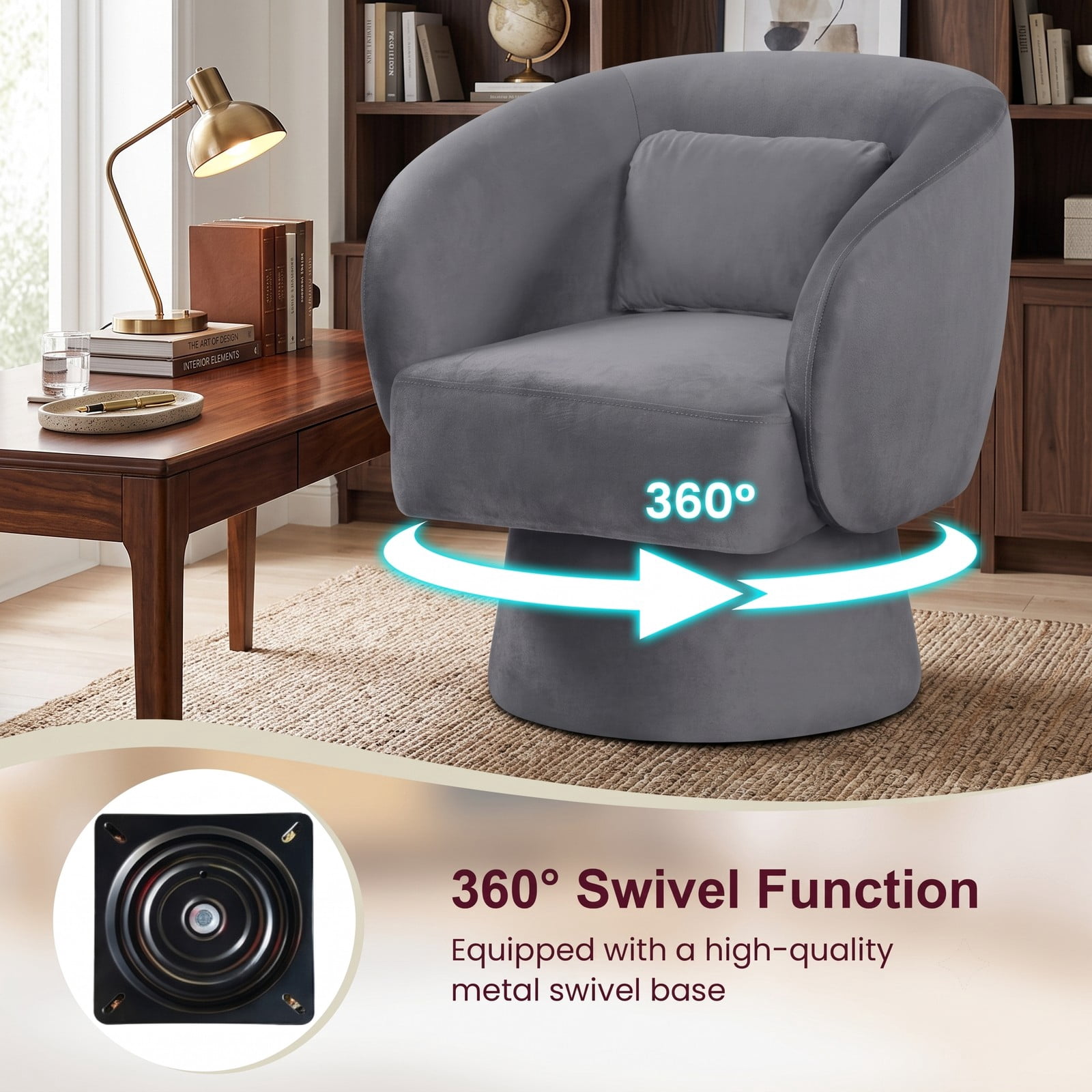 Furnibear Swivel Accent Chair, Upholstered Barrel Chair with Curved Back, 360-Degree Swivel Base and Removable Lumbar Pillow for Living Room Bedroom, 400 lbs, Gray