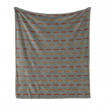 Geometric Soft Flannel Fleece Throw Blanket, Repeating Rectangular Blocks Abstract Style with Bricks Motif, Cozy Plush for Indoor and Outdoor Use, 70" x 90", Orange Black and White, by Ambesonne