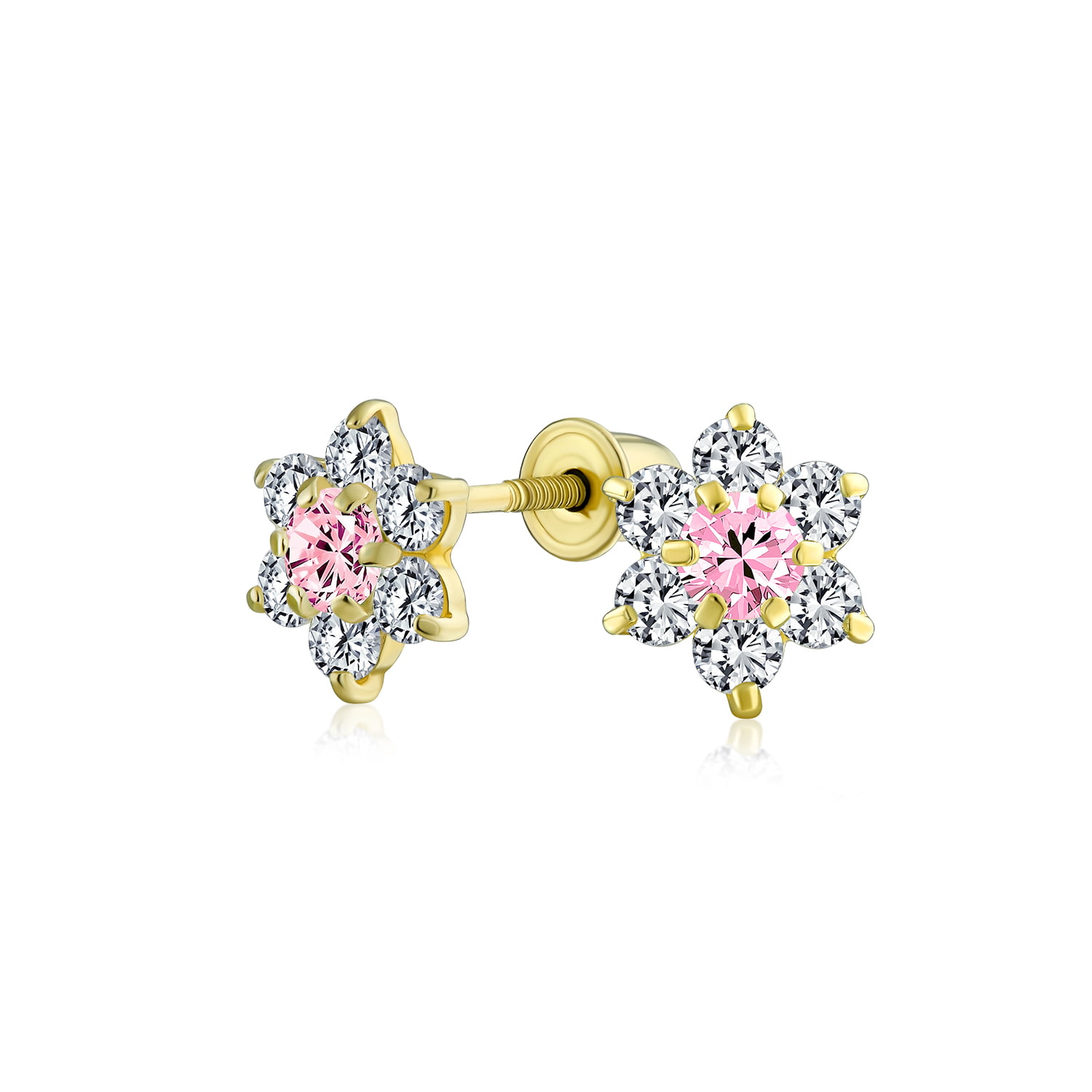 14Kt Solid Yellow Gold pink  Enamel Flower Earrings with covered screwbacks