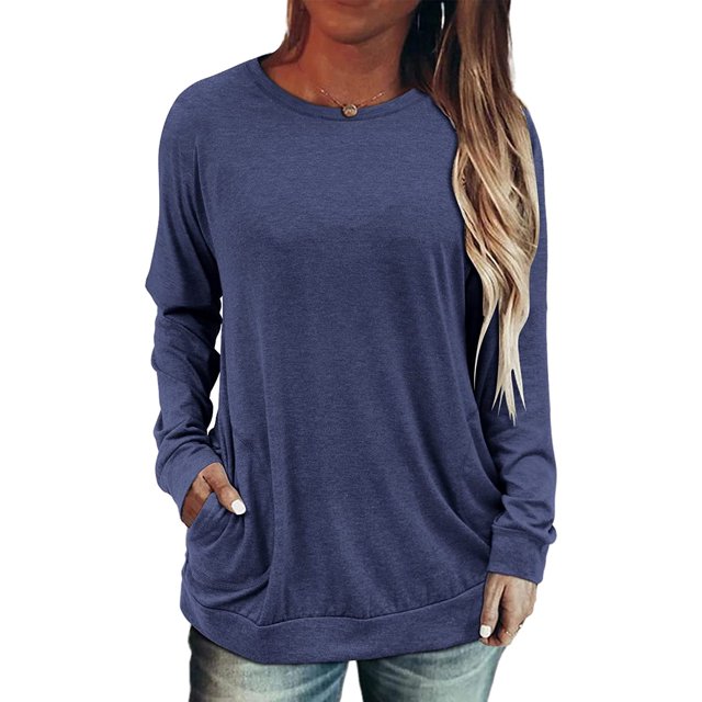 Womens Tops Color Block Pullover Long Sleeve T Shirts with Pockets Crew Neck Tunic Blouse