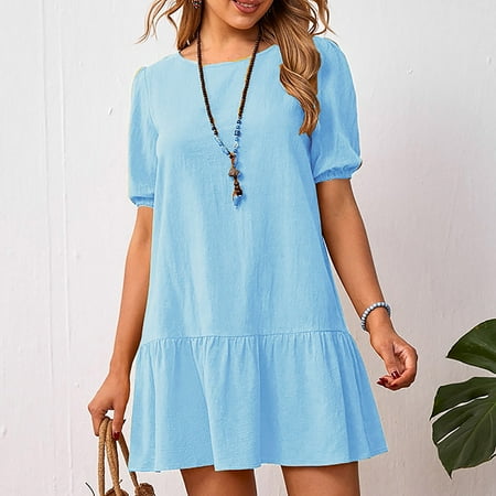 

Jsaierl Linen Dresses for Women Short Sleeve Casual Plus Size Midi Dress Cute Solid Color Crew Neck Dress Lightweight Flowy Dresses 2023