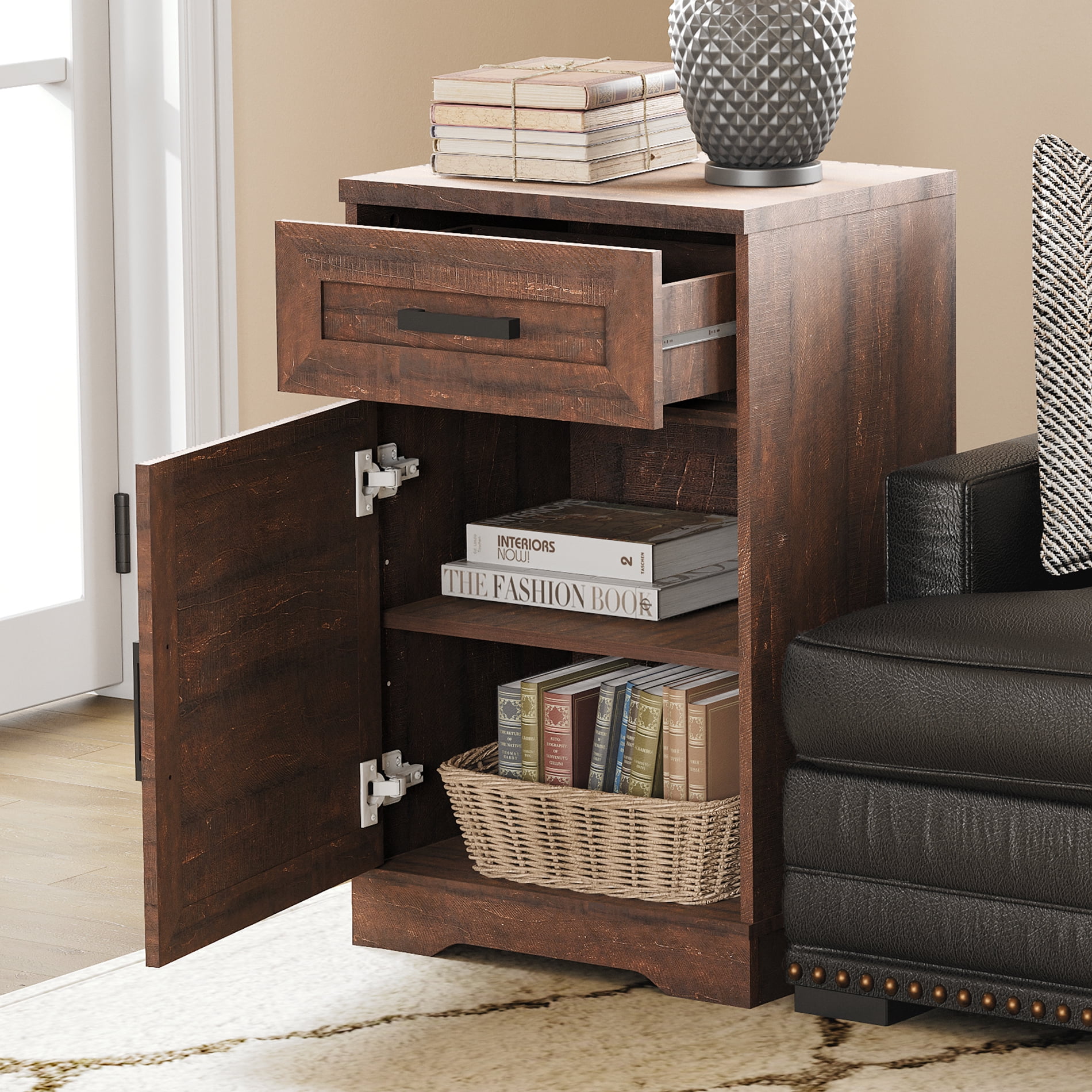 WAMPAT 31.9 inch Tall Farmhouse Nightstand with Drawers and Adjustable Storage Shelves, Solid Wood Side Table with Barn Doors for Bedroom,Rustic Brown
