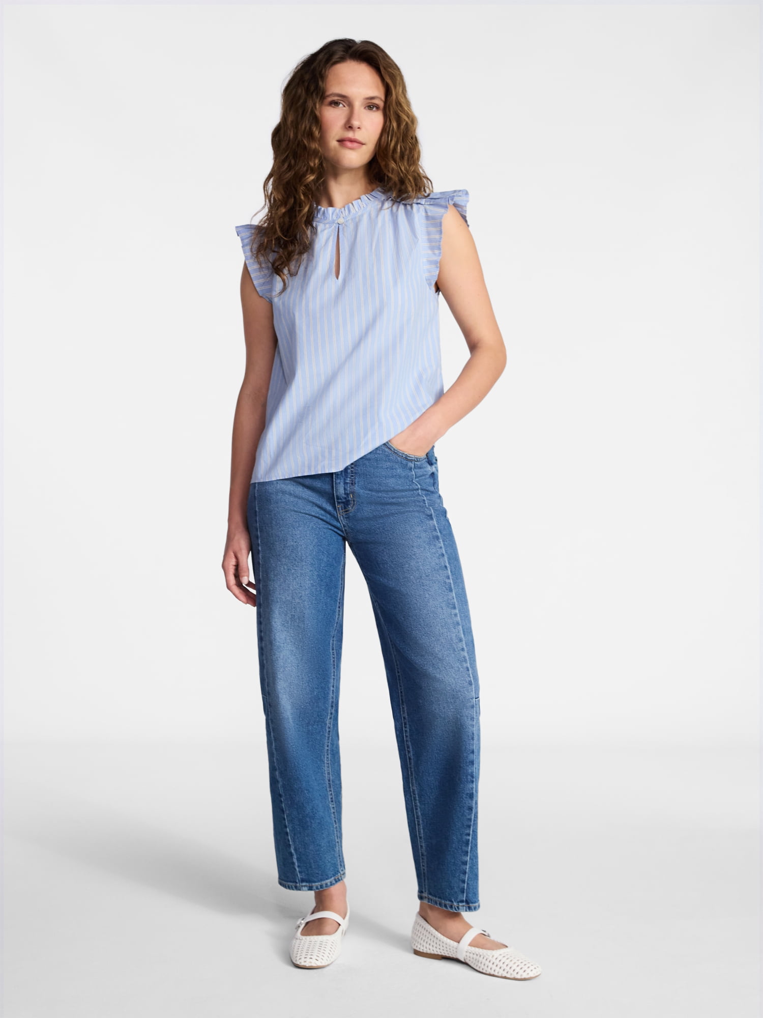 Time and Tru Women's Cotton Split Neck Top with Flutter Sleeves, Sizes XS-XXXL