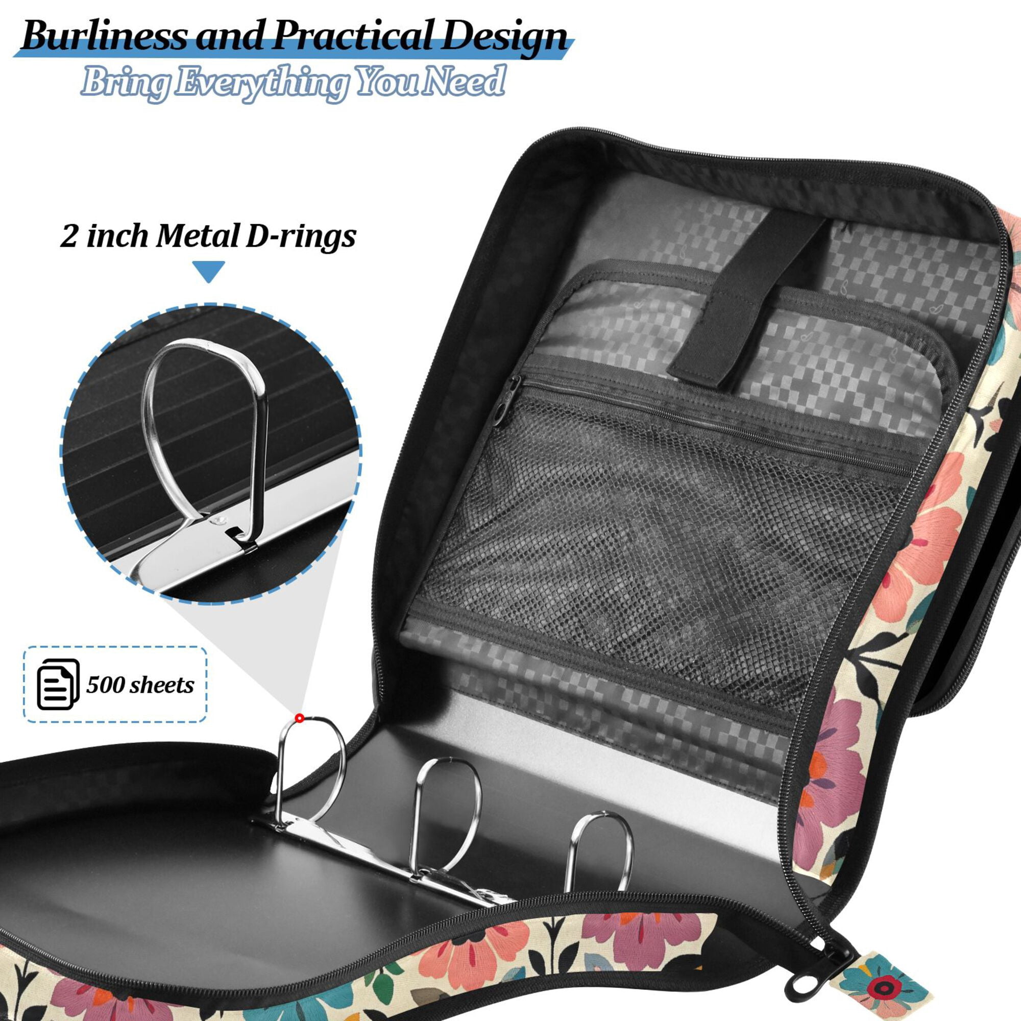 FORMRS Zipper Binder with Shoulder Strap 2-inch Ring 500 Sheet Capacity File Bag, Colorful Flowers