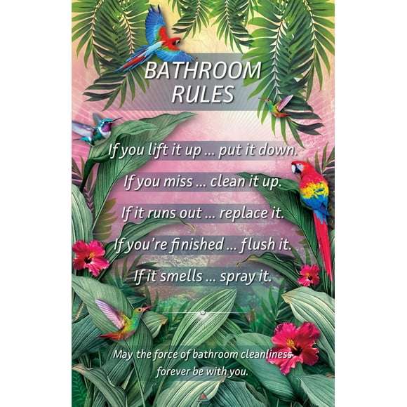 Bathroom Rules Poster Parrot Pink Wall Decor Art Print, Unframed, 11"x17"