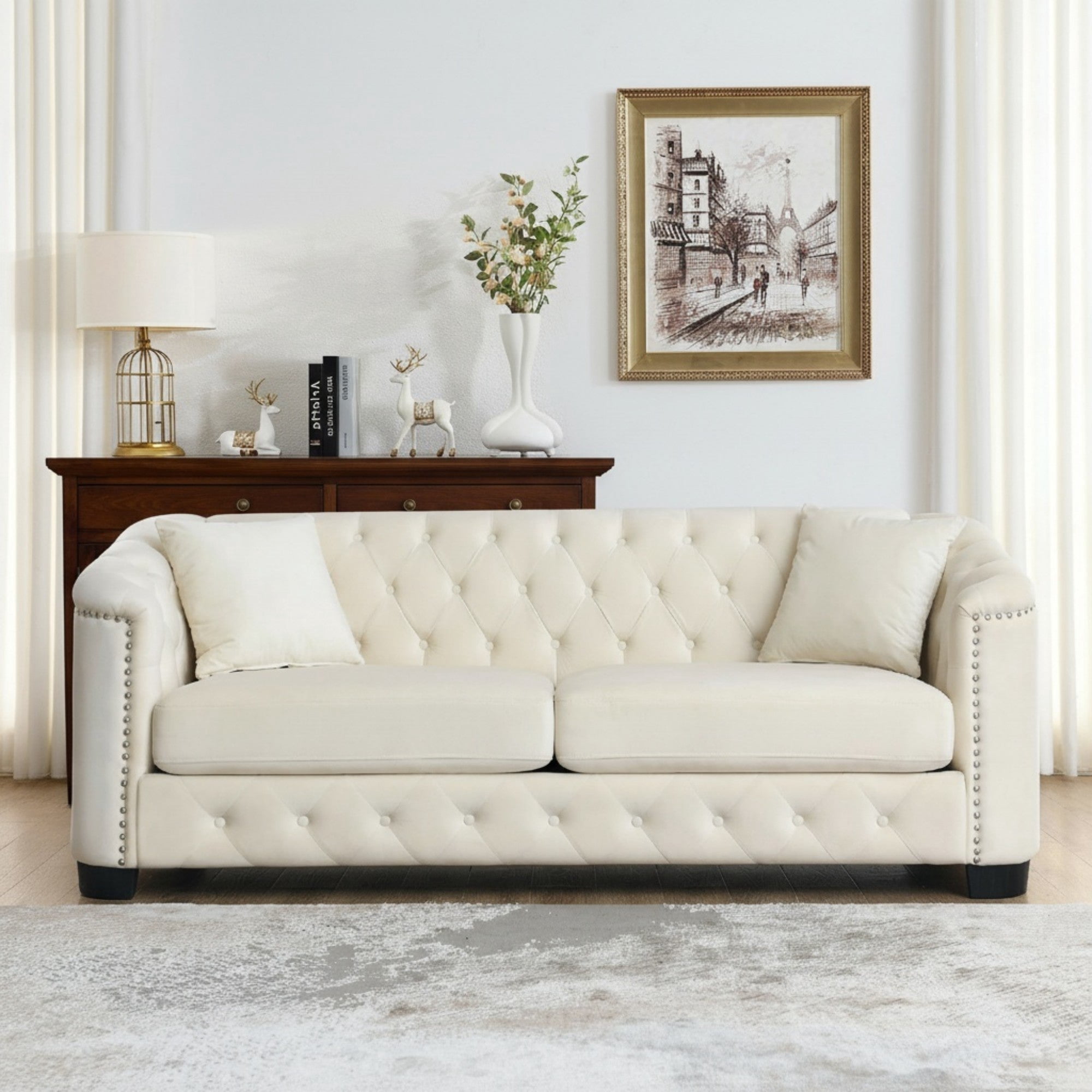 Sailvan 77" Modern Chesterfield Velvet Sofa, 3-Seater Tufted Upholstered Couch with Nailhead Trim & 2 Pillows for Living Room, Office Beige