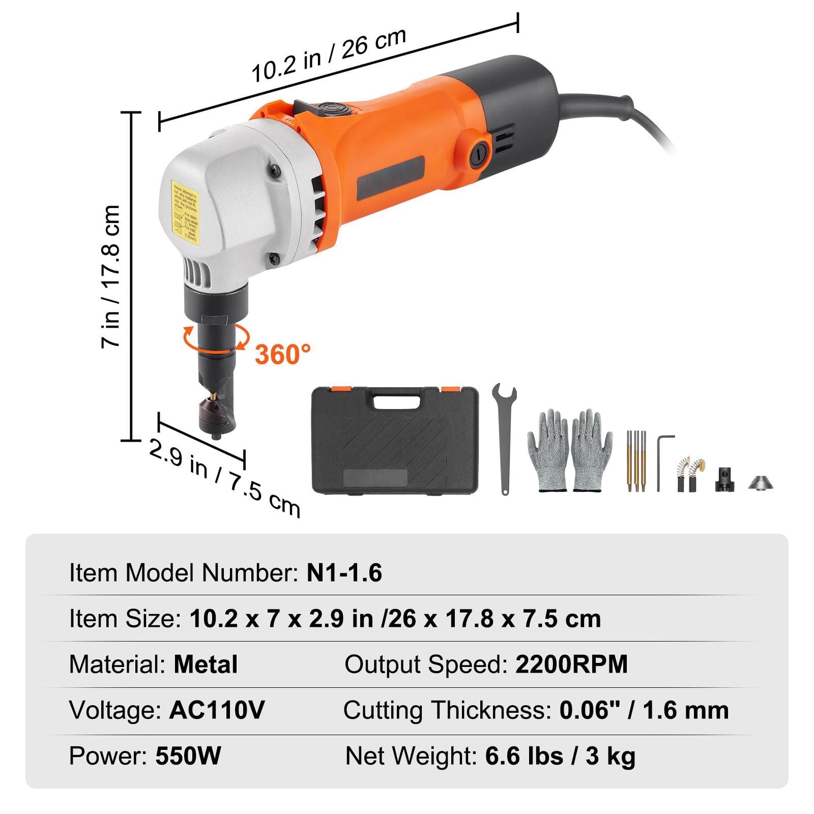 550W Sheet Metal Nibbler with 2200 RPM, 360° Rotating Head, 0.06" Cutting Capacity, for Carbon Steel Stainless Steel Plastic