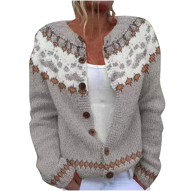 LMKIHUSA Cardigans d'Automne pour Femmes 2025 Col Rond Cardigans Ethniques Fair Isle Vintage Tricotés Boutonnés Manteau Gris,TG