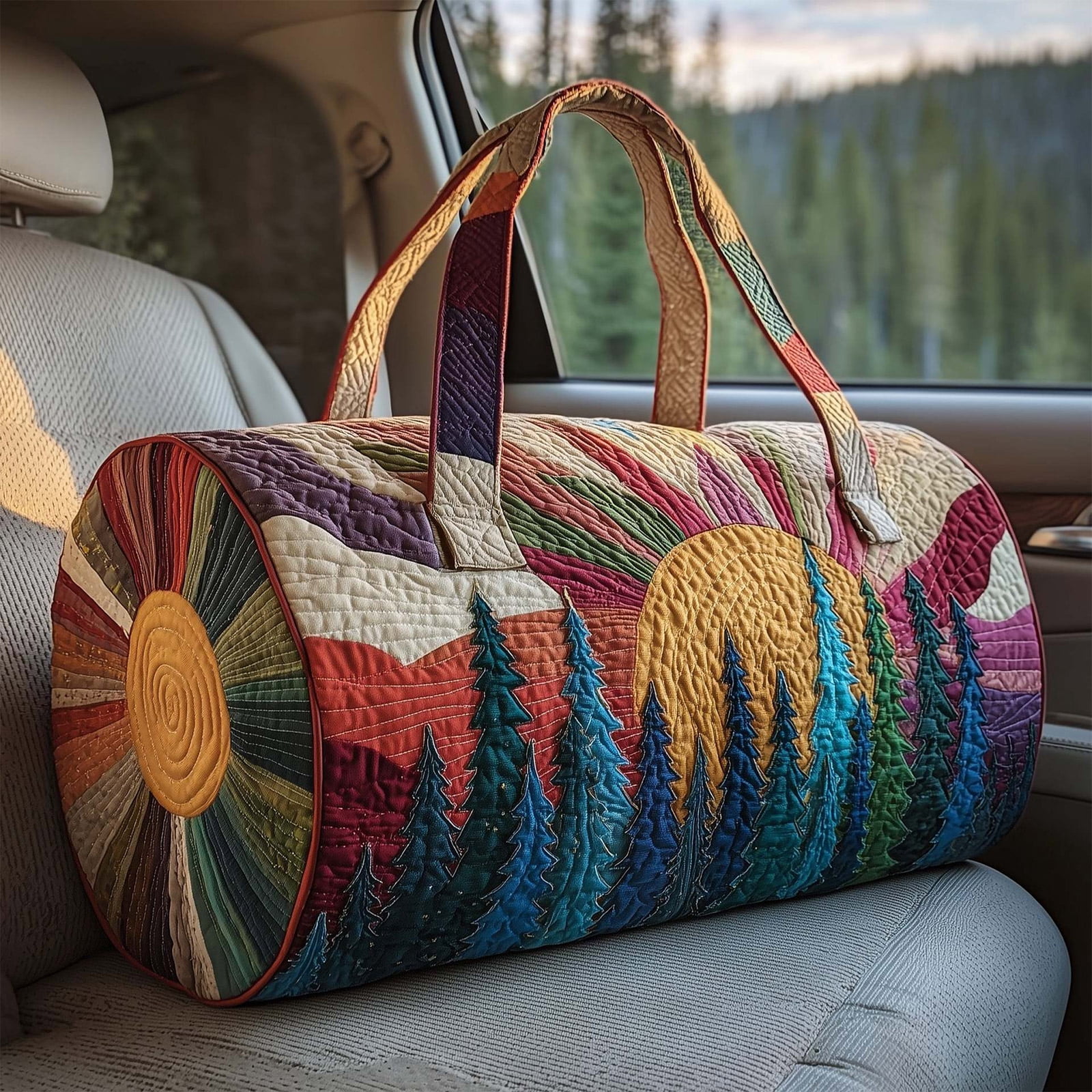 Quilted Hippie Van Duffle Bag with Adjustable Strap - Large Bohemian Travel Tote for Yoga Festival Gym Workout, Artistic Patchwork Carryall for Dance & Overnight Trips