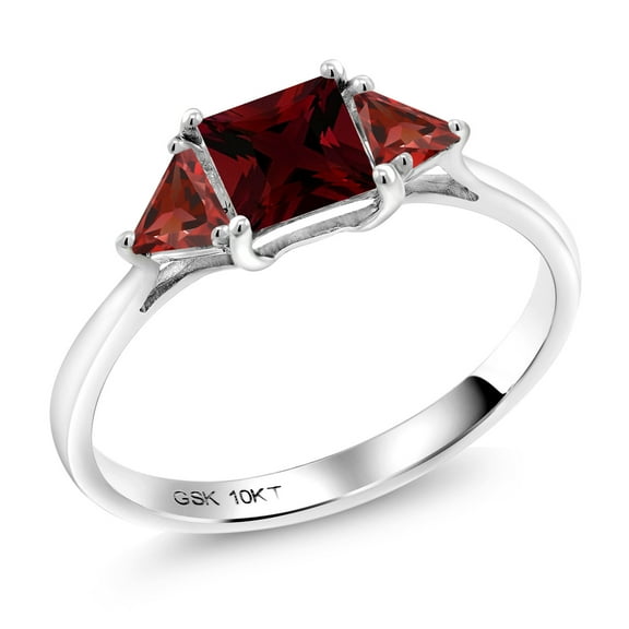 Gem Stone King 10K White Gold Red Garnet 3 Stone Engagement Ring for Women (1.32 Cttw, Gemstone January Birthstone, Princess Center 5MM, Trillion 3.5MM, Size 6)