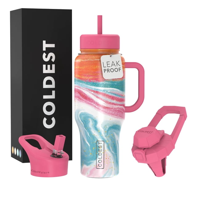 Vaso más frío con asa y tapa con pajita | Taza de viaje con botella de agua de acero inoxidable reutilizable aislada con 3 tapas | Regalos para mujeres él ella | Colección ilimitada (36 oz, vibracione