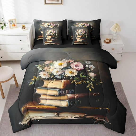 Erosebridal Rustic Books Bedding Sets Twin Size,Vintage Flower Comforter Sets with Sheets,Botanical Aesthetic Bed in a Bag Twin size,Lightweight Teens Bedroom Decor,Reversible,7pcs