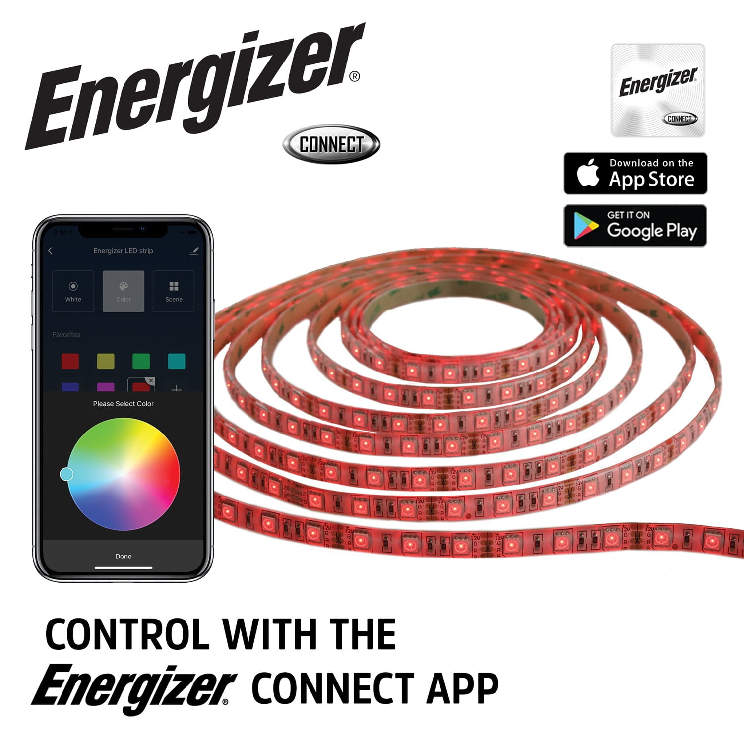 Energizer Connect EOS2-1001-WHT Smart Multicolor LED Light Strip, 16.4 Feet, 2 Pack