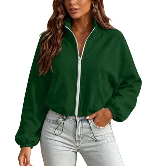 Full Zip Hooded Cropped Sweatshirts Women Winter Casual Stand Collar Front Zipper Fleece Jackets Drawstring Waist Hoodies with Pockets Green Xxl