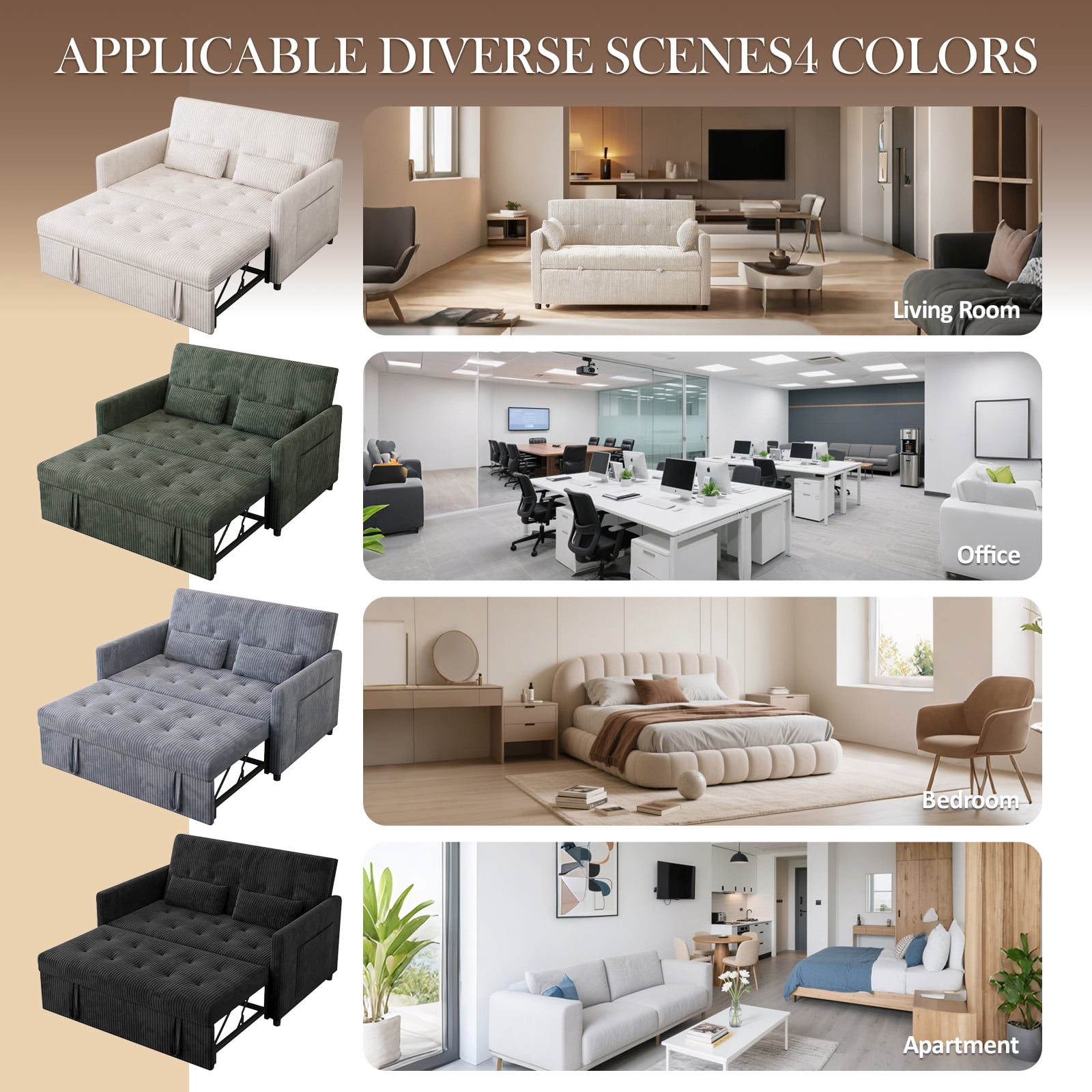 53" Corduroy 3-in-1 Convertible Loveseat Sofa Bed with Pull-Out Sleeper, Adjustable Backrest, USB & Type-C Ports, Storage Pockets, Small Space 2-Seat Couch for Living Room, Bedroom, Apartment, Green