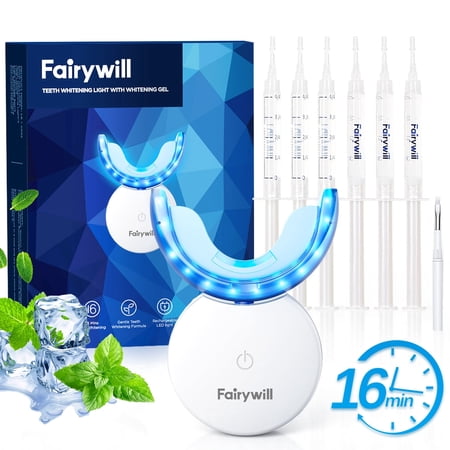 Fairywill LED Teeth Whitening Kit for Sensitive Teeth - 22% Carbamide Peroxide Gel with 24 Blue Light Accelerator, 16Min Rapid White At-Home Dental Care for Smoking & Coffee Stains