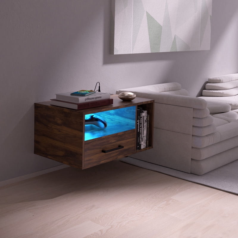 LED Nightstand with Remote Control 26.8” Modern Floating Nightstand with USB Port and Outlet for Bedroom, Rustic Brown