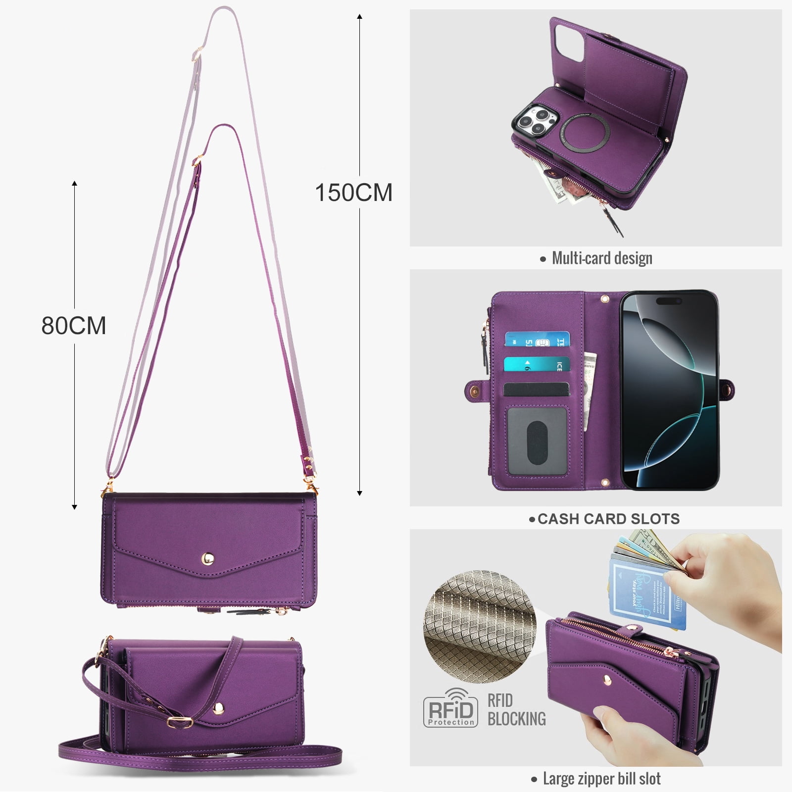Designed for iPhone 15 Pro Multi-Function Wallet Phone Case,With Shoulder Strap&Wrist Strap,Cash Pocket&Card Slots,Zipper Purse,Magnetic Detachable PU Leather Flip Phone Case,Purple