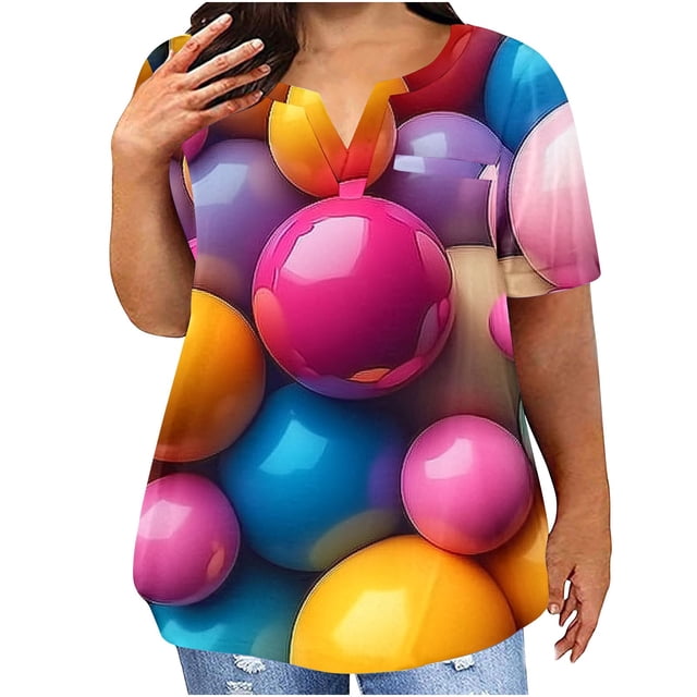 Plus Tamaño de las Mujeres Blusas, Cuello en V Casual Suelto Manga Corta Superior, Impresión Blusa Poliéster Spandex